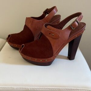 UGG Brown Leather Peep-Toe Mules